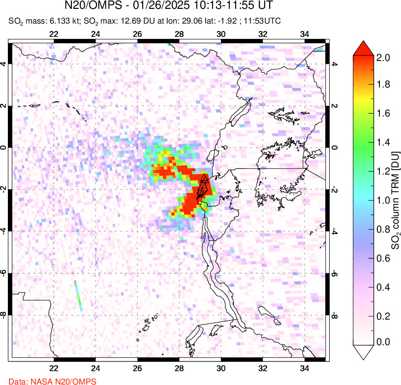 A sulfur dioxide image over Nyiragongo, DR Congo on Jan 26, 2025.