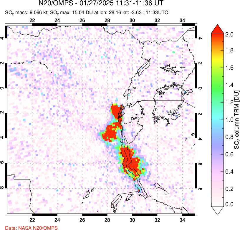 A sulfur dioxide image over Nyiragongo, DR Congo on Jan 27, 2025.