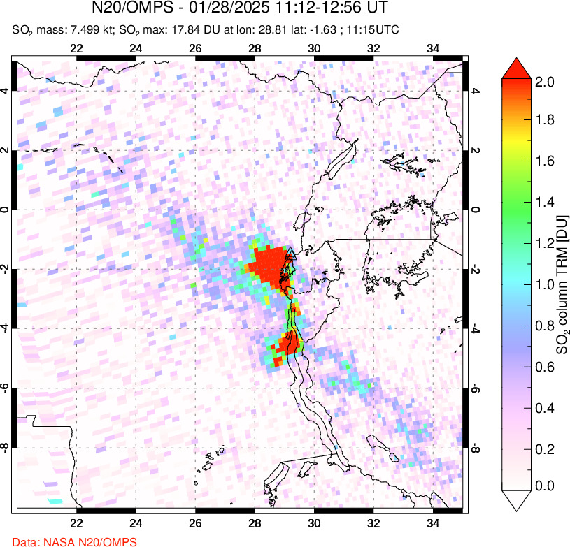 A sulfur dioxide image over Nyiragongo, DR Congo on Jan 28, 2025.