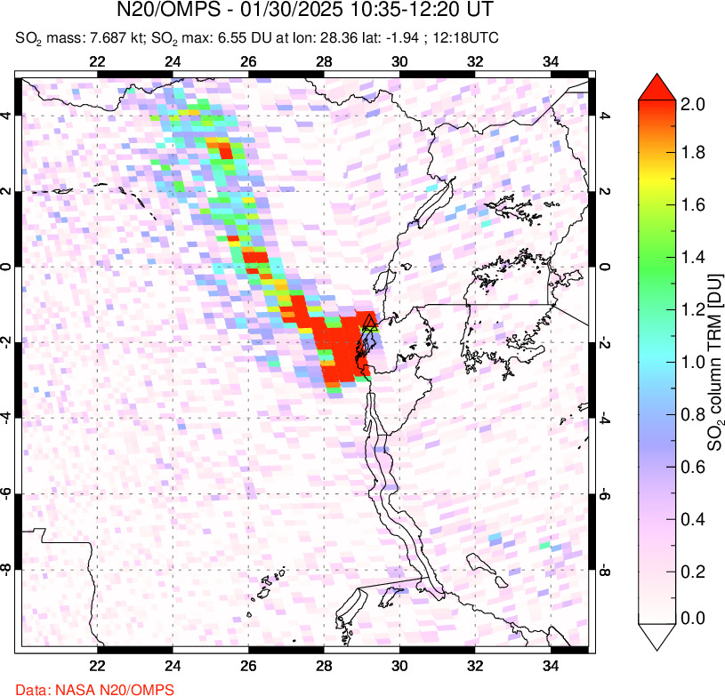 A sulfur dioxide image over Nyiragongo, DR Congo on Jan 30, 2025.