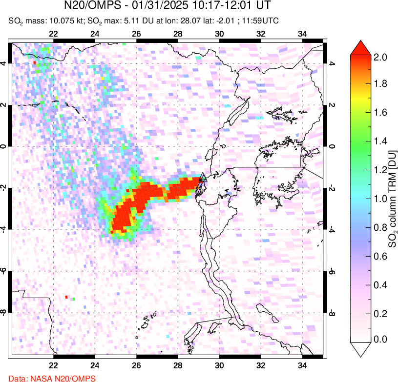 A sulfur dioxide image over Nyiragongo, DR Congo on Jan 31, 2025.