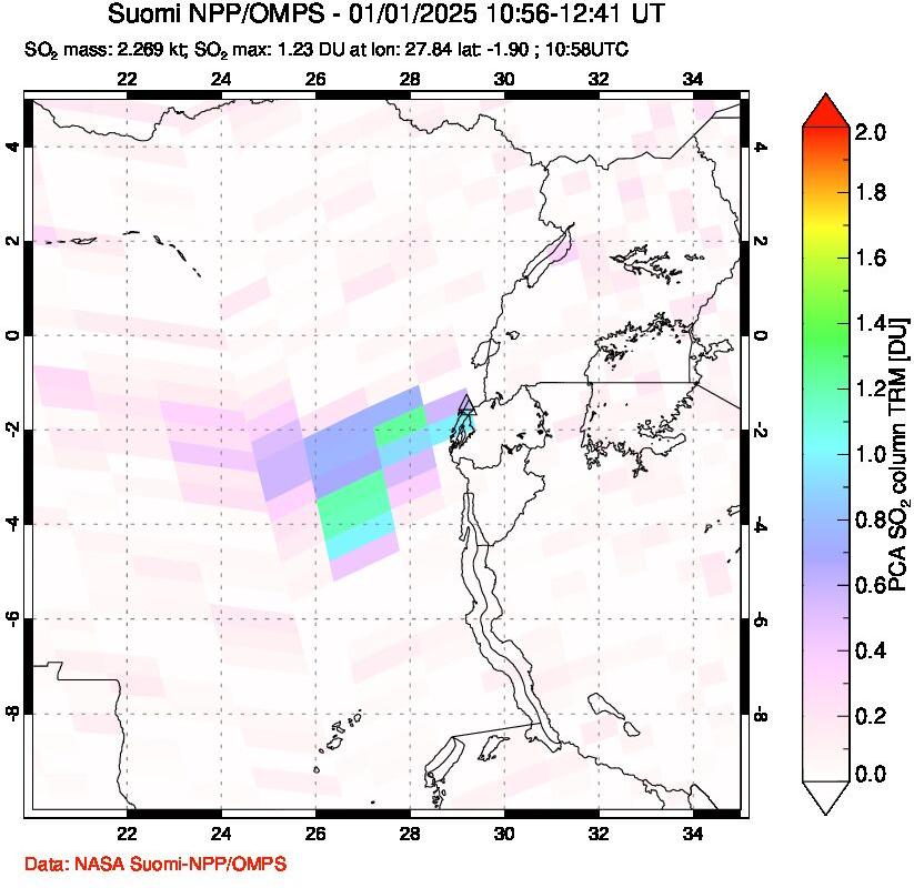 A sulfur dioxide image over Nyiragongo, DR Congo on Jan 01, 2025.