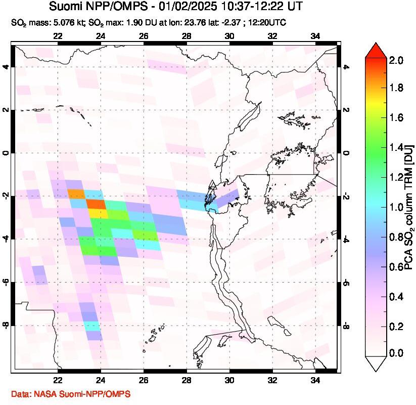 A sulfur dioxide image over Nyiragongo, DR Congo on Jan 02, 2025.