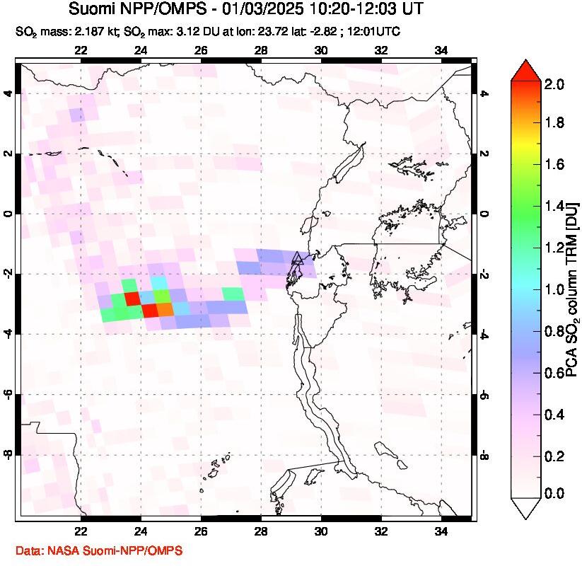 A sulfur dioxide image over Nyiragongo, DR Congo on Jan 03, 2025.