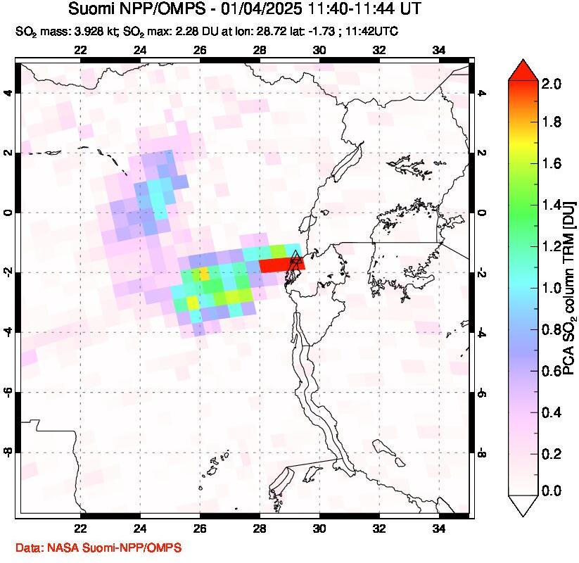 A sulfur dioxide image over Nyiragongo, DR Congo on Jan 04, 2025.