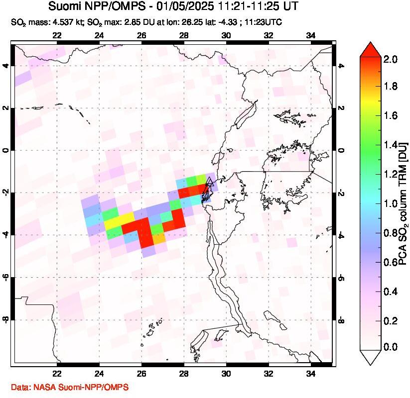 A sulfur dioxide image over Nyiragongo, DR Congo on Jan 05, 2025.