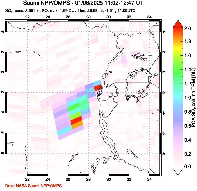 A sulfur dioxide image over Nyiragongo, DR Congo on Jan 06, 2025.