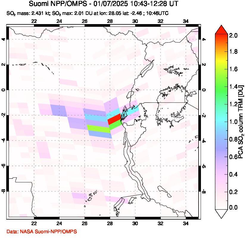 A sulfur dioxide image over Nyiragongo, DR Congo on Jan 07, 2025.