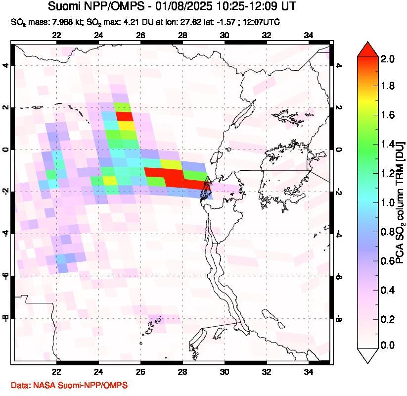 A sulfur dioxide image over Nyiragongo, DR Congo on Jan 08, 2025.