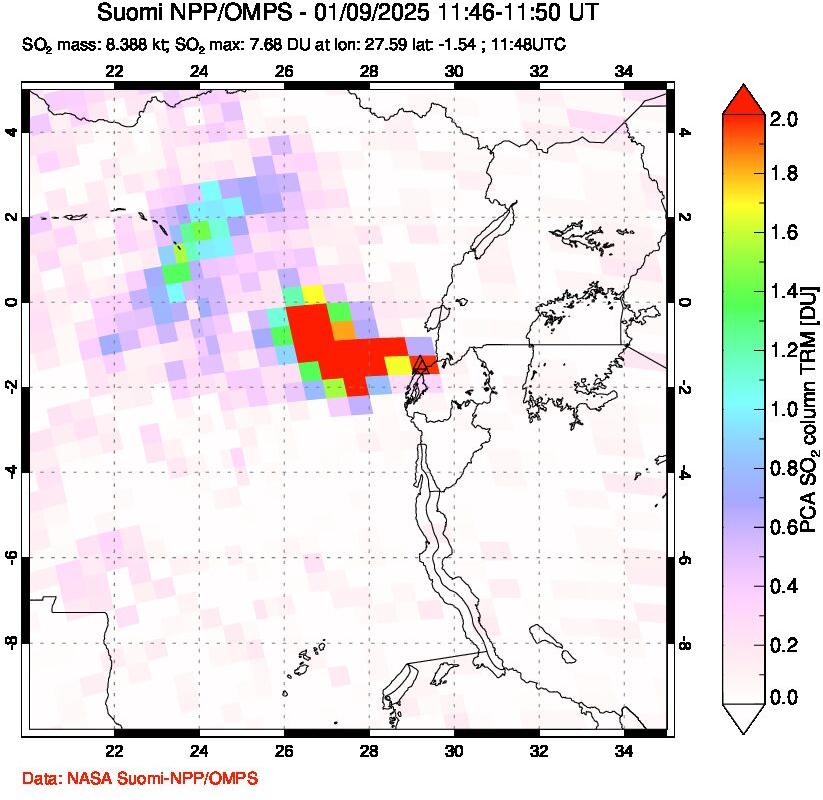 A sulfur dioxide image over Nyiragongo, DR Congo on Jan 09, 2025.