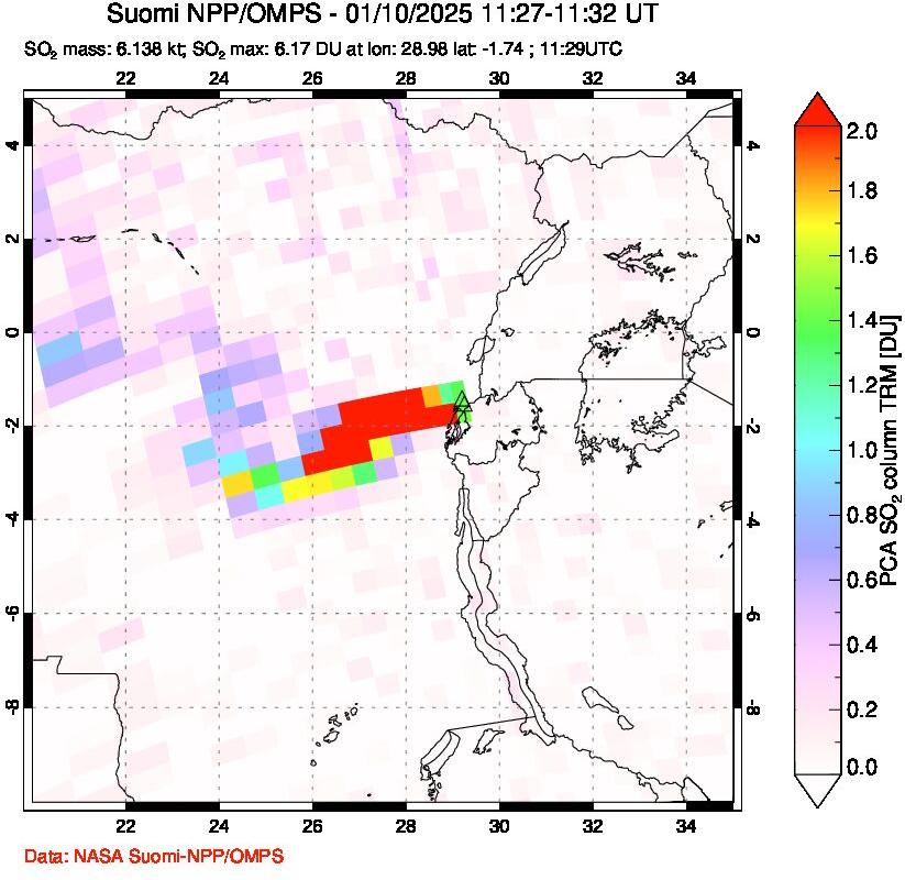 A sulfur dioxide image over Nyiragongo, DR Congo on Jan 10, 2025.