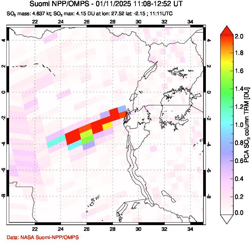 A sulfur dioxide image over Nyiragongo, DR Congo on Jan 11, 2025.