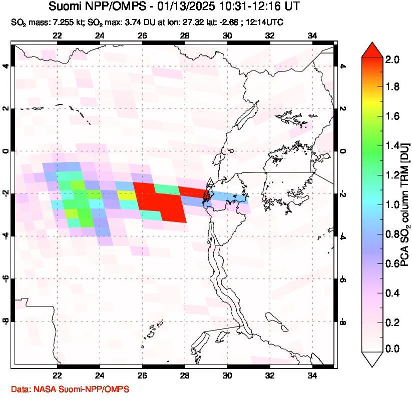 A sulfur dioxide image over Nyiragongo, DR Congo on Jan 13, 2025.