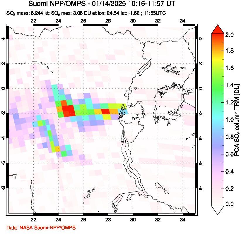 A sulfur dioxide image over Nyiragongo, DR Congo on Jan 14, 2025.