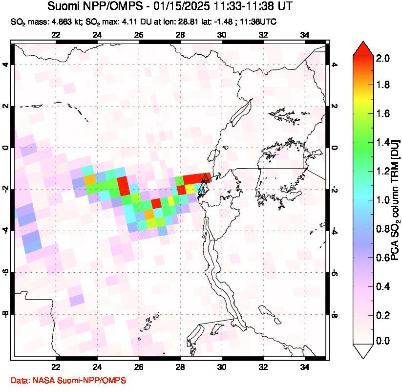 A sulfur dioxide image over Nyiragongo, DR Congo on Jan 15, 2025.