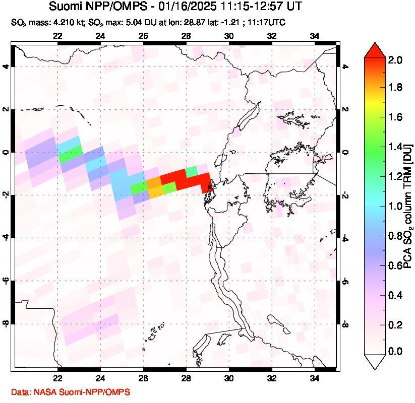 A sulfur dioxide image over Nyiragongo, DR Congo on Jan 16, 2025.