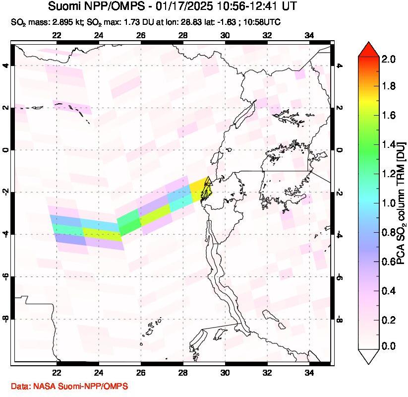 A sulfur dioxide image over Nyiragongo, DR Congo on Jan 17, 2025.