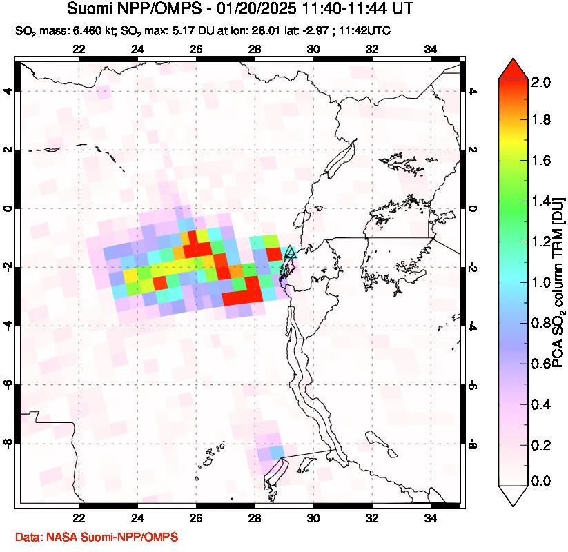 A sulfur dioxide image over Nyiragongo, DR Congo on Jan 20, 2025.