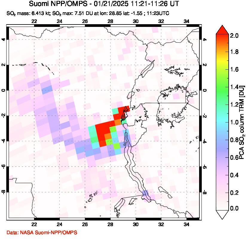 A sulfur dioxide image over Nyiragongo, DR Congo on Jan 21, 2025.