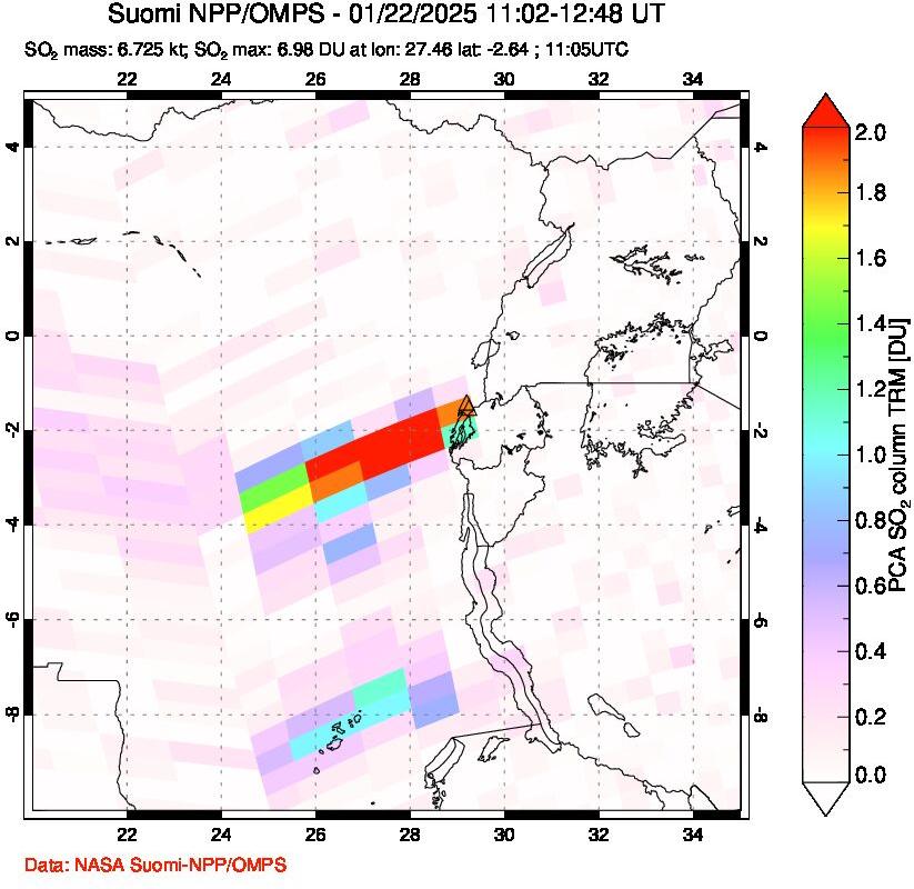 A sulfur dioxide image over Nyiragongo, DR Congo on Jan 22, 2025.