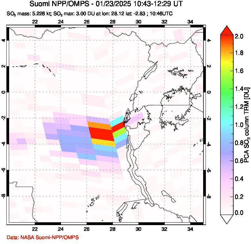 A sulfur dioxide image over Nyiragongo, DR Congo on Jan 23, 2025.