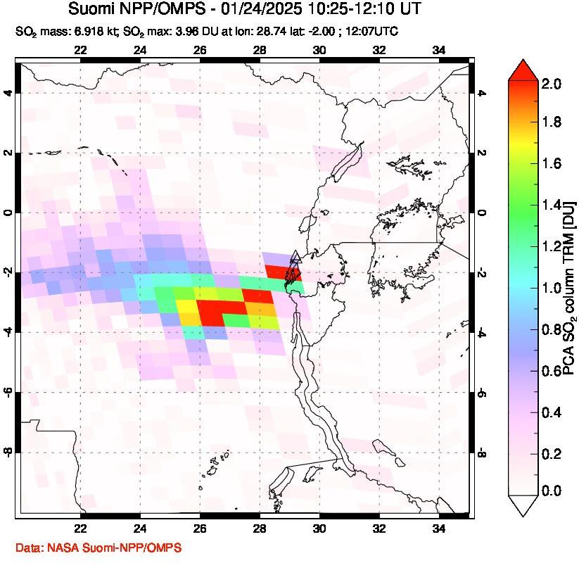 A sulfur dioxide image over Nyiragongo, DR Congo on Jan 24, 2025.