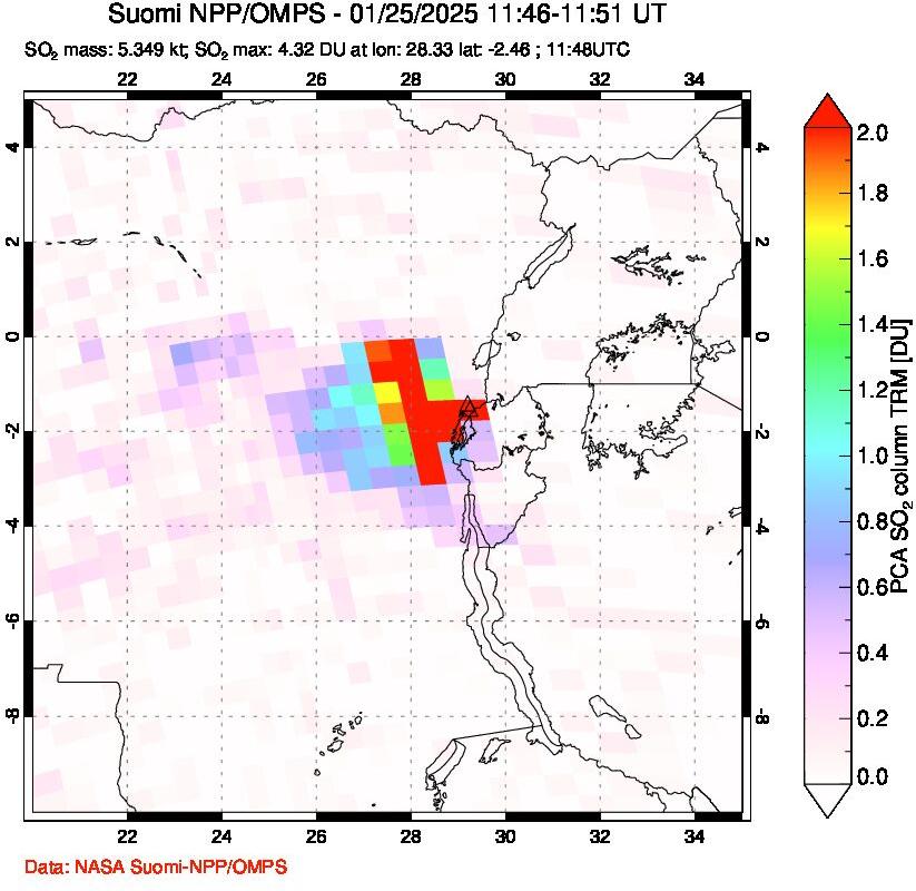 A sulfur dioxide image over Nyiragongo, DR Congo on Jan 25, 2025.