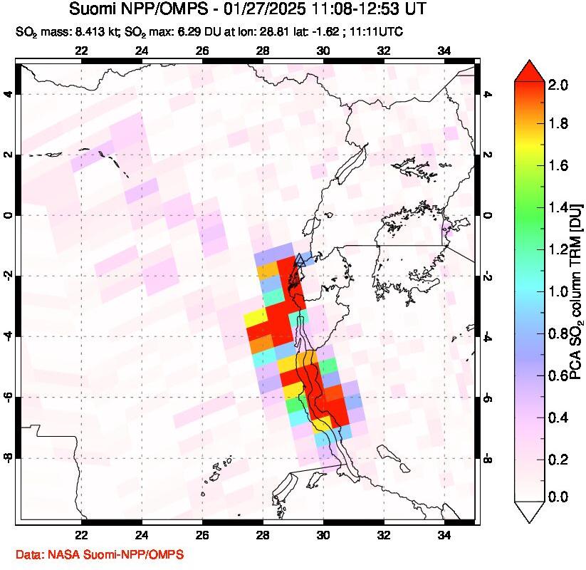 A sulfur dioxide image over Nyiragongo, DR Congo on Jan 27, 2025.