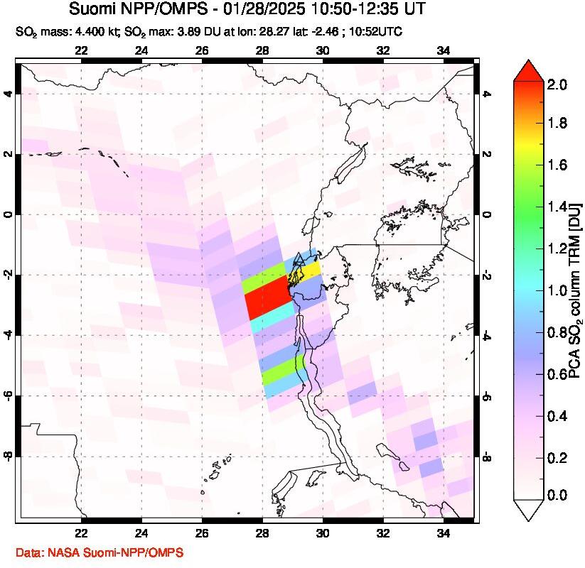 A sulfur dioxide image over Nyiragongo, DR Congo on Jan 28, 2025.