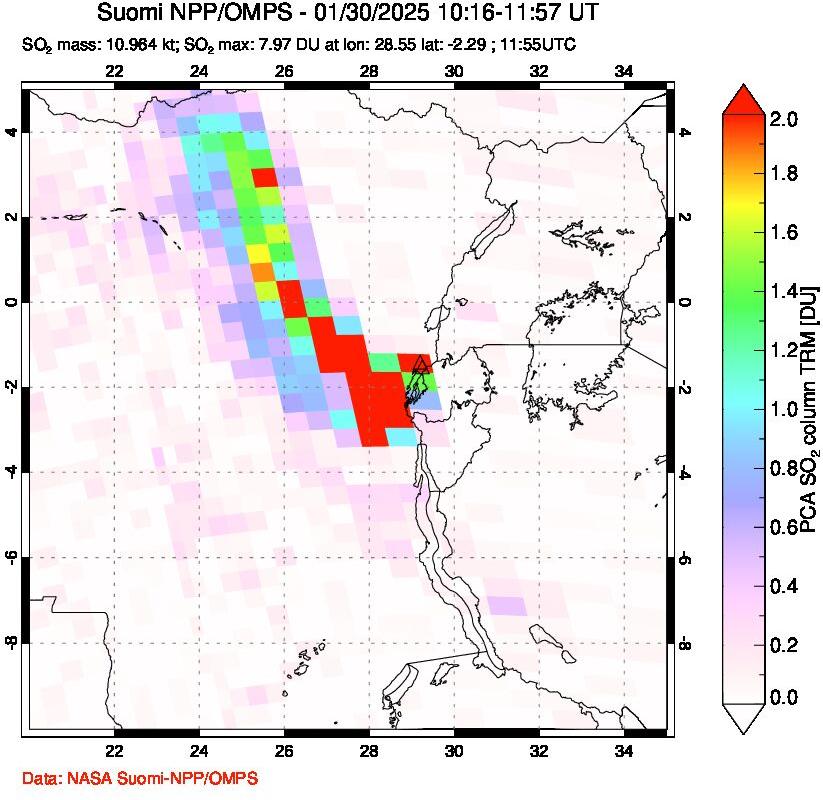 A sulfur dioxide image over Nyiragongo, DR Congo on Jan 30, 2025.