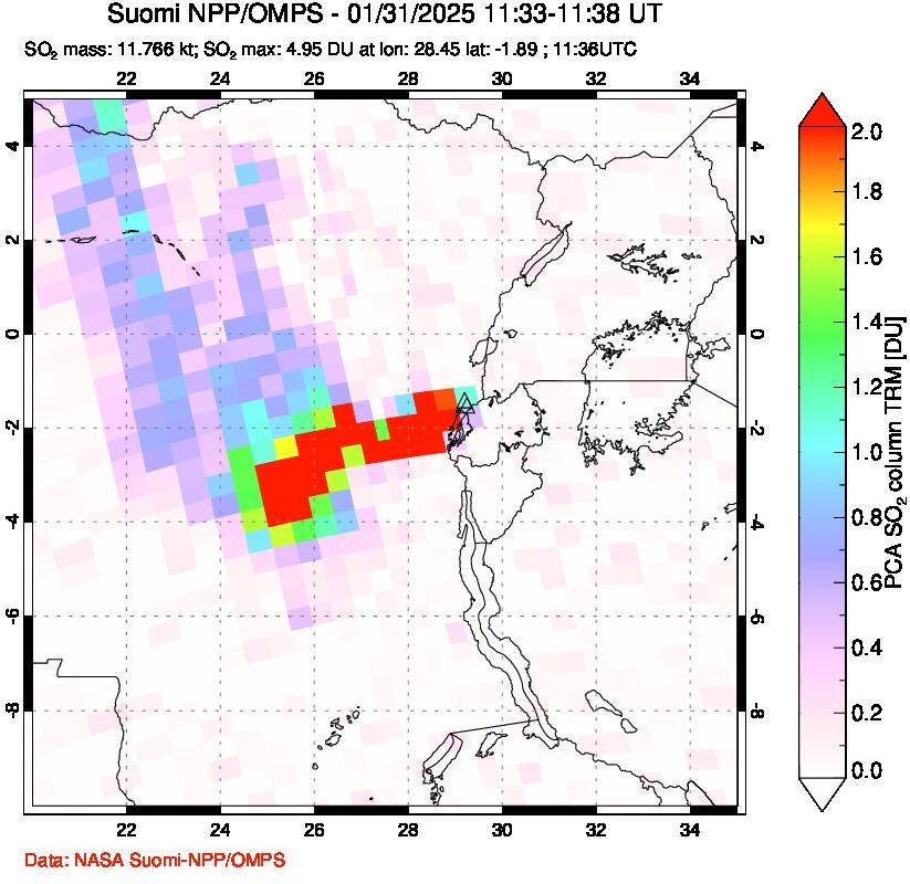 A sulfur dioxide image over Nyiragongo, DR Congo on Jan 31, 2025.