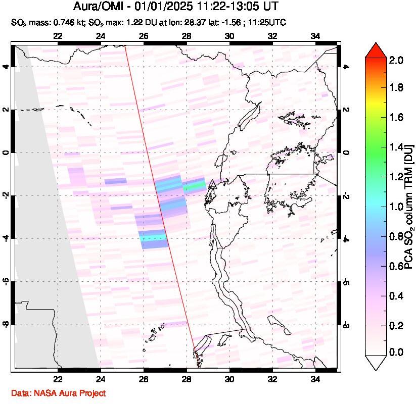 A sulfur dioxide image over Nyiragongo, DR Congo on Jan 01, 2025.