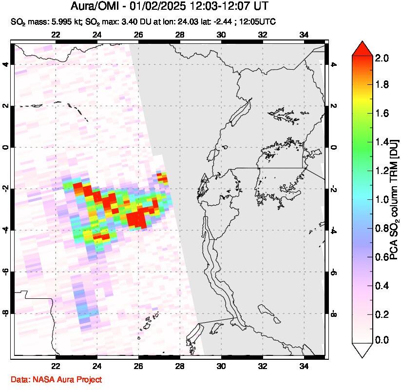 A sulfur dioxide image over Nyiragongo, DR Congo on Jan 02, 2025.