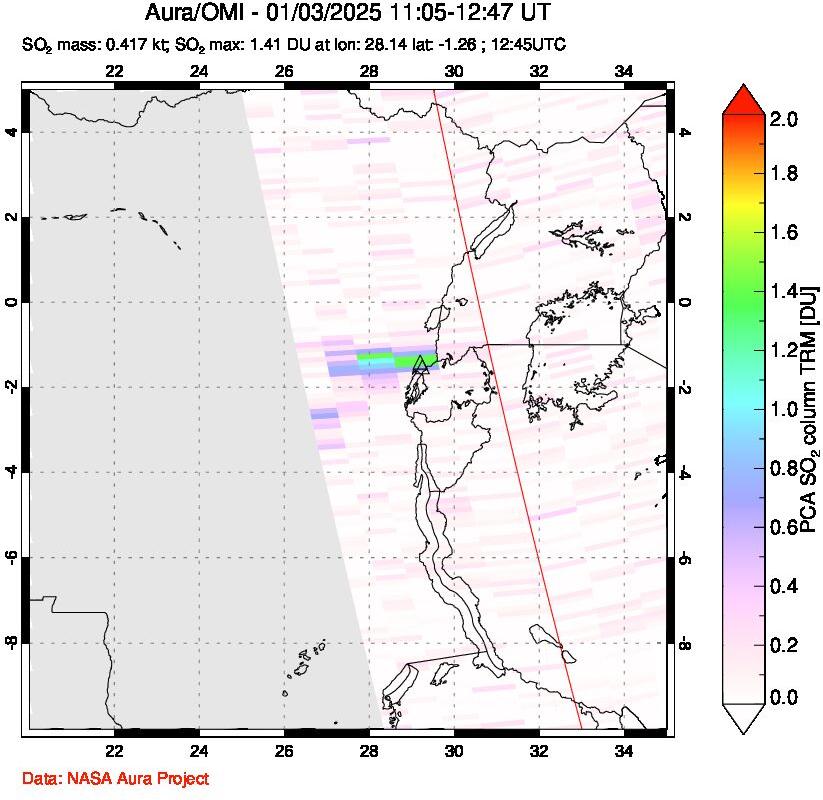 A sulfur dioxide image over Nyiragongo, DR Congo on Jan 03, 2025.