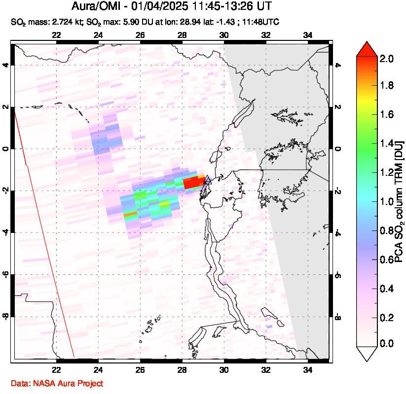 A sulfur dioxide image over Nyiragongo, DR Congo on Jan 04, 2025.