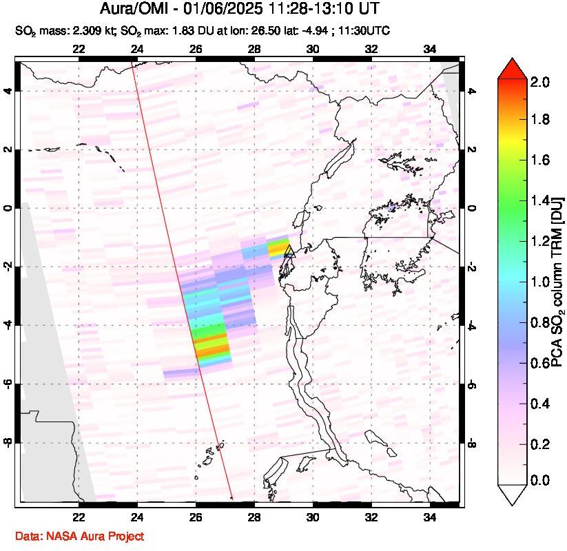 A sulfur dioxide image over Nyiragongo, DR Congo on Jan 06, 2025.