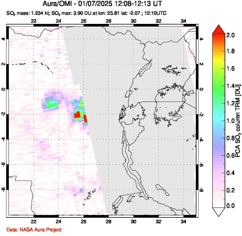 A sulfur dioxide image over Nyiragongo, DR Congo on Jan 07, 2025.