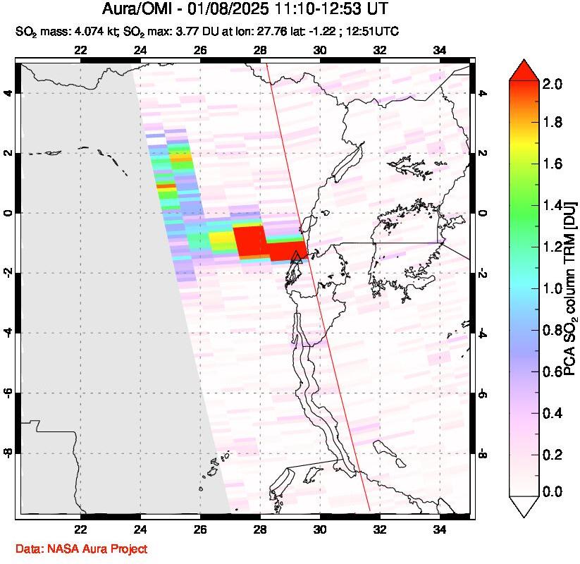 A sulfur dioxide image over Nyiragongo, DR Congo on Jan 08, 2025.