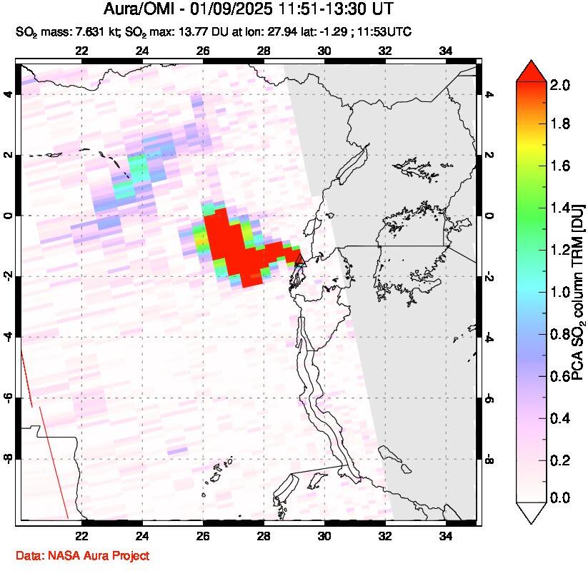 A sulfur dioxide image over Nyiragongo, DR Congo on Jan 09, 2025.