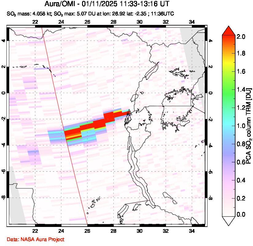 A sulfur dioxide image over Nyiragongo, DR Congo on Jan 11, 2025.