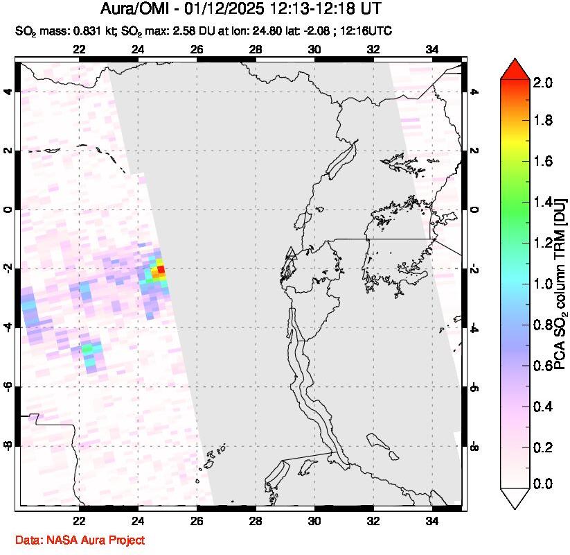 A sulfur dioxide image over Nyiragongo, DR Congo on Jan 12, 2025.