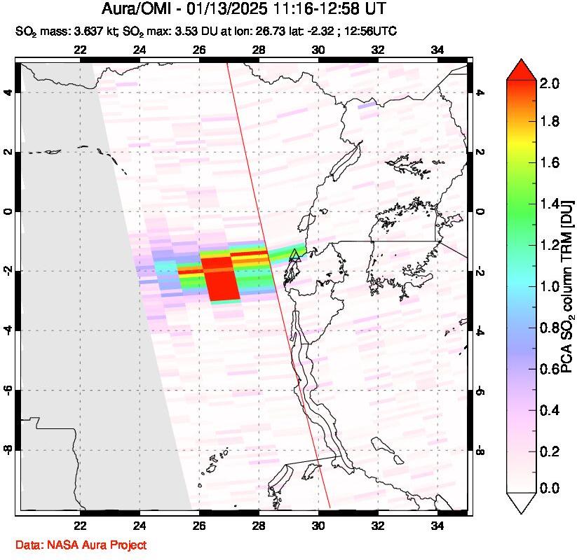 A sulfur dioxide image over Nyiragongo, DR Congo on Jan 13, 2025.