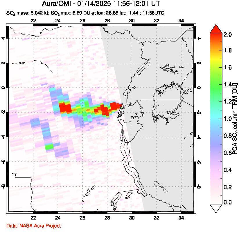 A sulfur dioxide image over Nyiragongo, DR Congo on Jan 14, 2025.