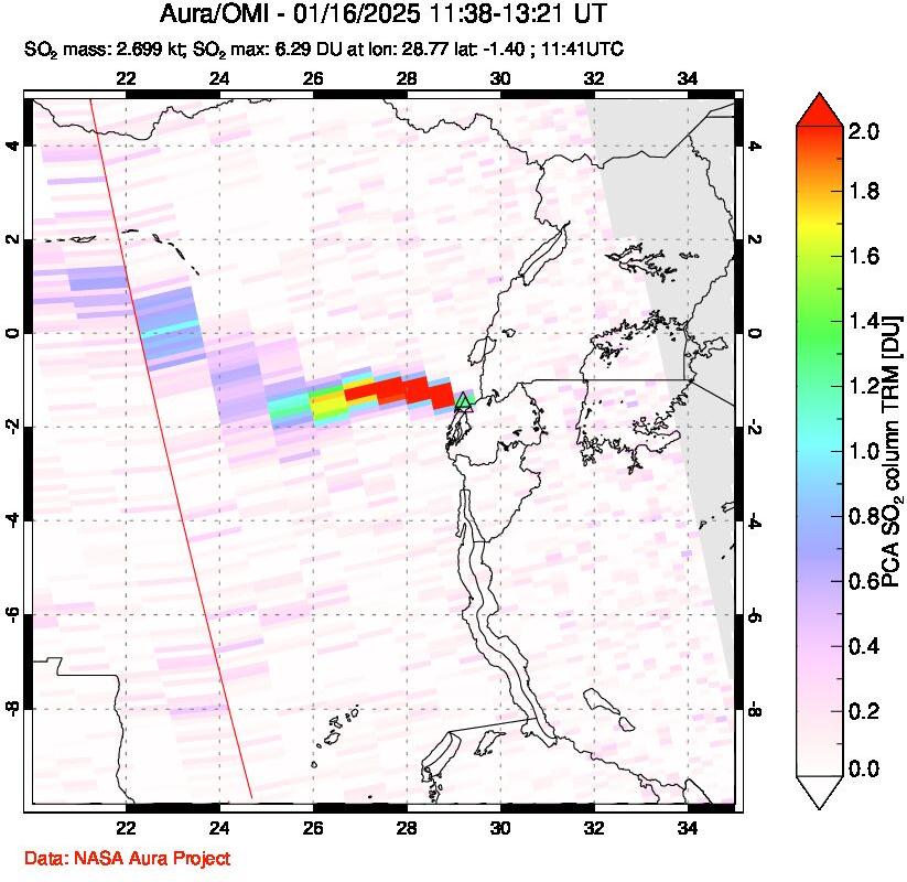 A sulfur dioxide image over Nyiragongo, DR Congo on Jan 16, 2025.