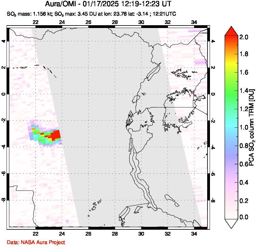 A sulfur dioxide image over Nyiragongo, DR Congo on Jan 17, 2025.