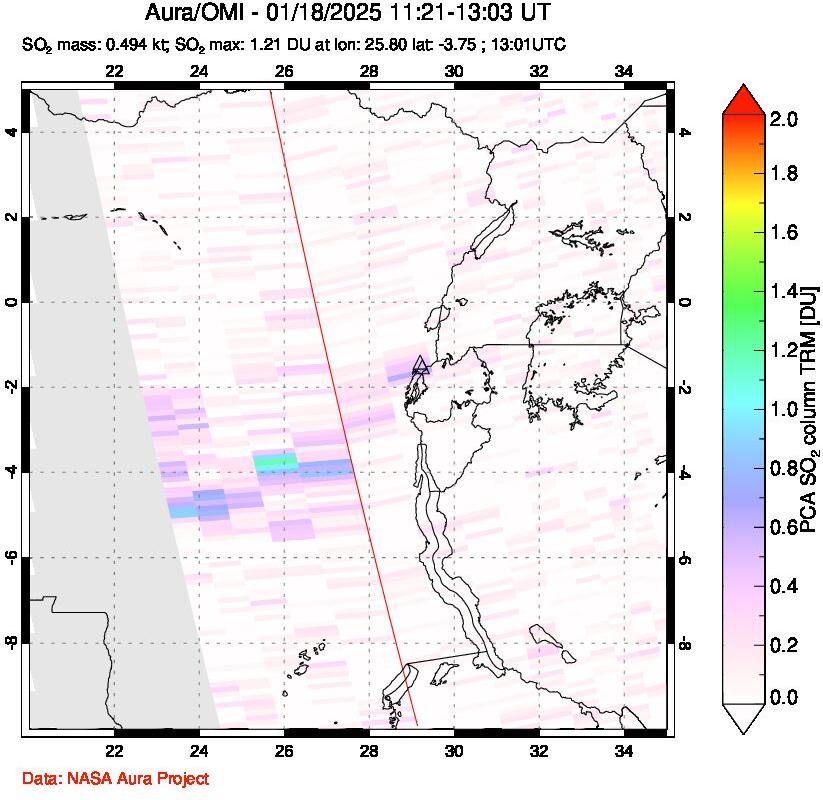 A sulfur dioxide image over Nyiragongo, DR Congo on Jan 18, 2025.