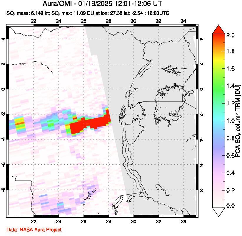 A sulfur dioxide image over Nyiragongo, DR Congo on Jan 19, 2025.