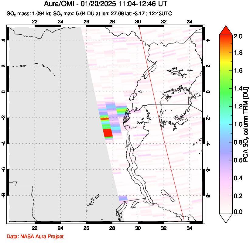 A sulfur dioxide image over Nyiragongo, DR Congo on Jan 20, 2025.