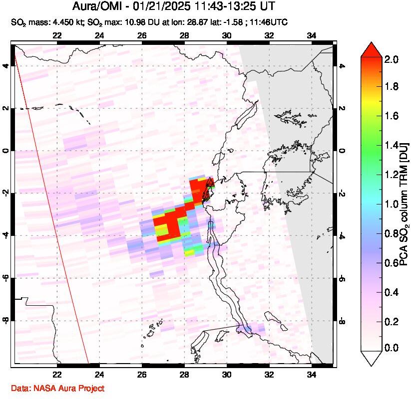 A sulfur dioxide image over Nyiragongo, DR Congo on Jan 21, 2025.