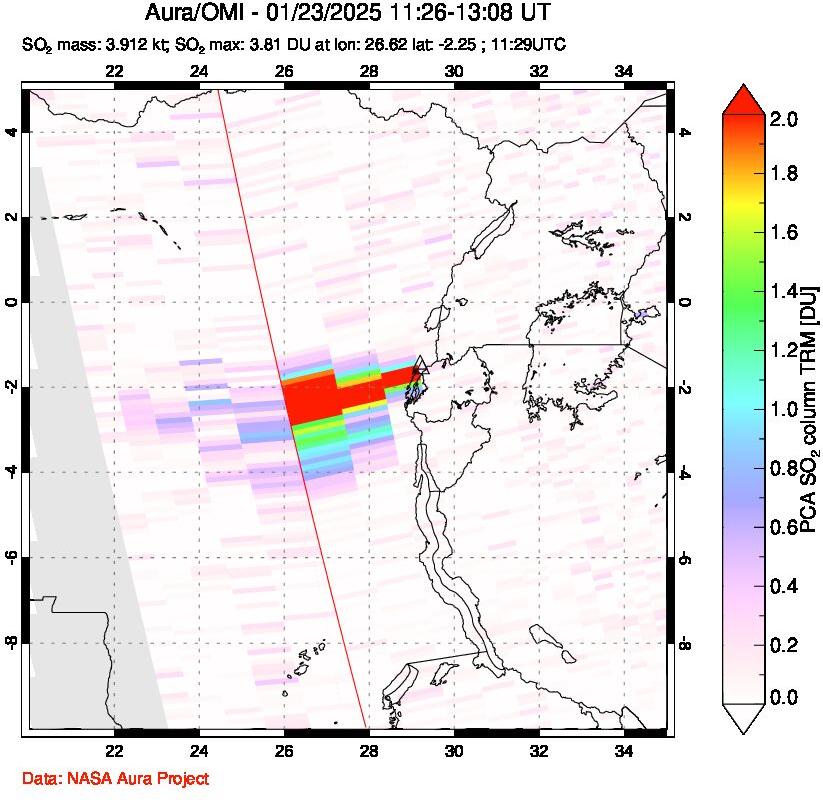 A sulfur dioxide image over Nyiragongo, DR Congo on Jan 23, 2025.